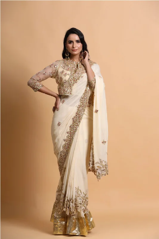 Fawn cutwork saree with strap blouse and jacket Belted Jacket Elasticated Jacket Padded Jacket