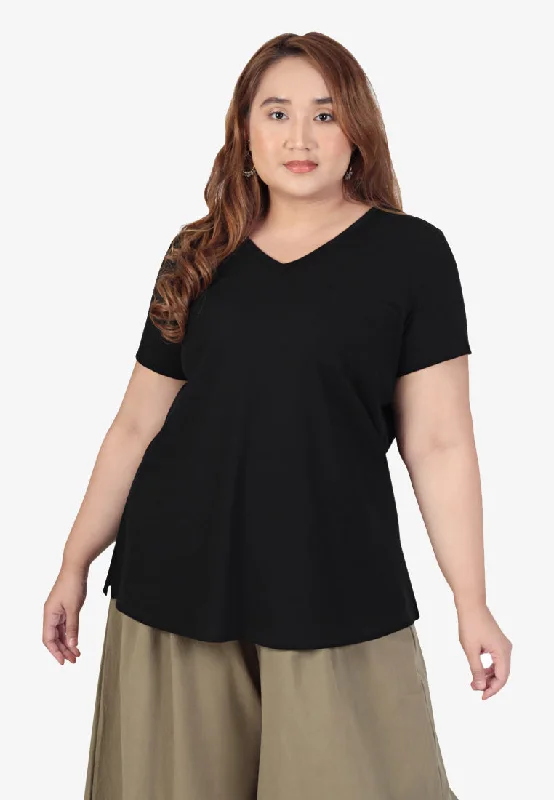 Perrie V-neck Pocket Ribbed Short Sleeve Tee - Black