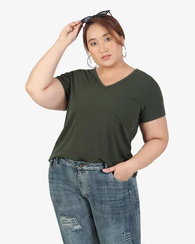 Perrie V-neck Pocket Ribbed Short Sleeve Tee - Green