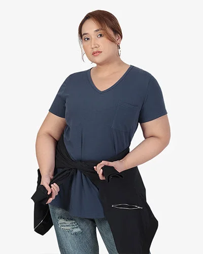 Perrie V-neck Pocket Ribbed Short Sleeve Tee - Blue