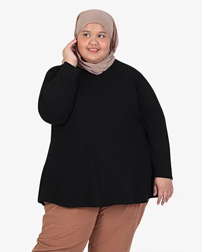 Perdita V-neck Pocket Ribbed Long Sleeve Tee - Black