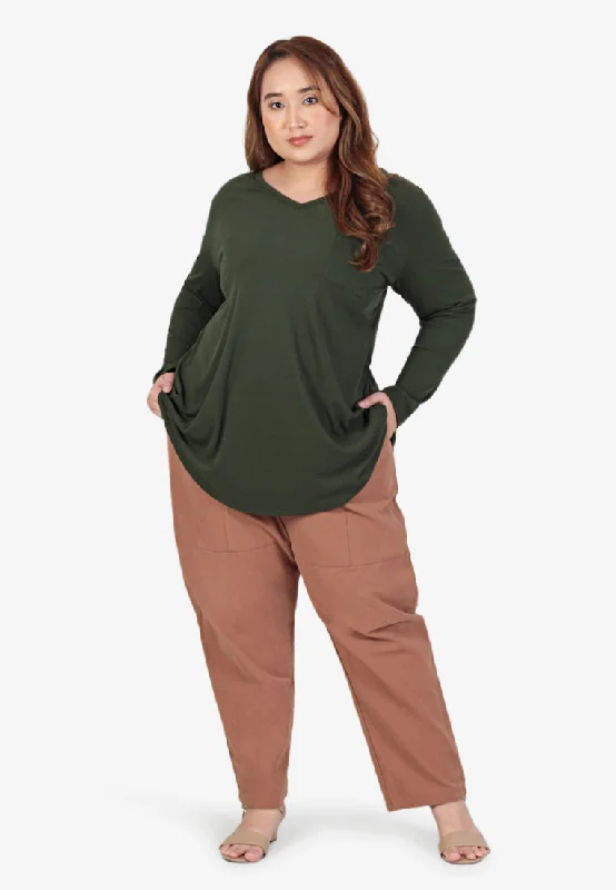 Perdita V-neck Pocket Ribbed Long Sleeve Tee - Green