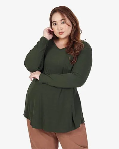 Perdita V-neck Pocket Ribbed Long Sleeve Tee - Green