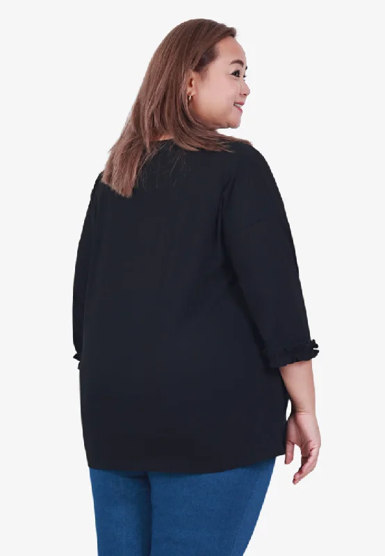 Rozenn Ruffles Edge 3/4 Sleeve Tee - Black