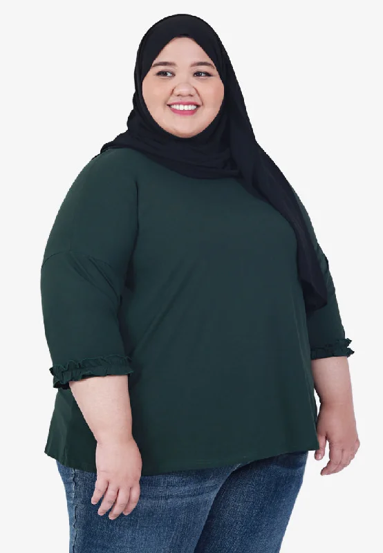 Rozenn Ruffles Edge 3/4 Sleeve Tee - Dark Green