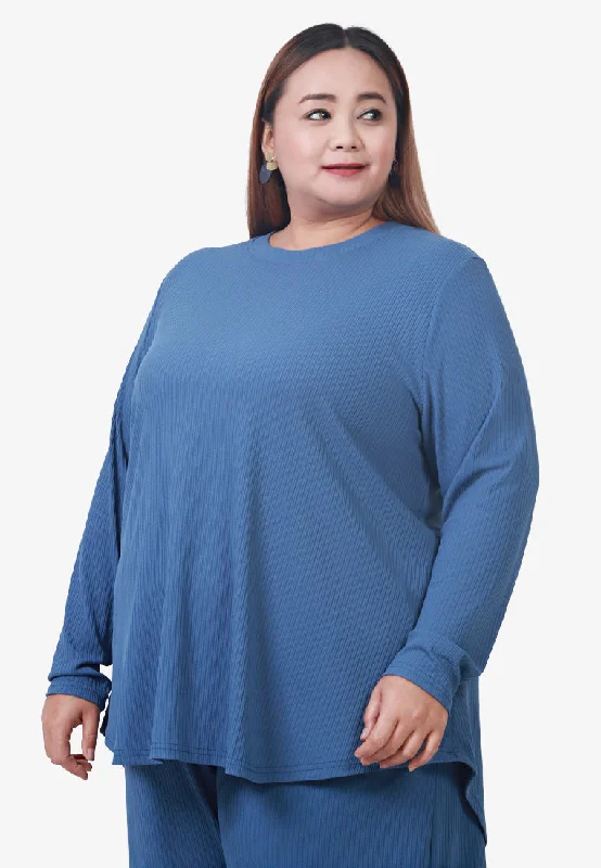 Tania Relax Ribbed Quarantine Crew Neck Top - Blue