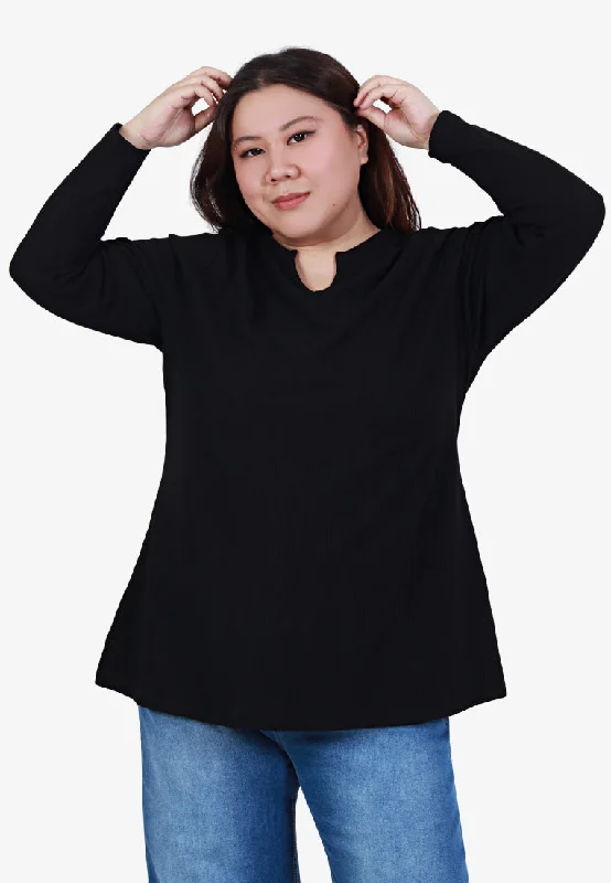 Waleria Notched Collar Waffle Long Sleeve Top - Black