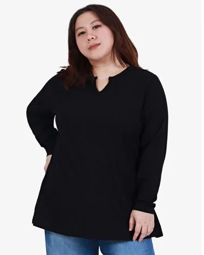 Waleria Notched Collar Waffle Long Sleeve Top - Black