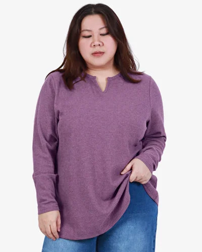 Waleria Notched Collar Waffle Long Sleeve Top - Mauve