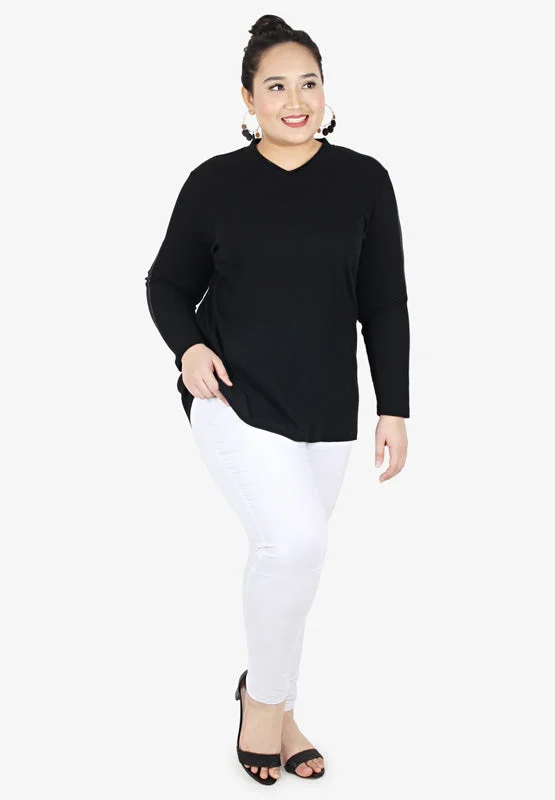 Veronica Premium Ribbed V-Neck Long Sleeves Tee - Black