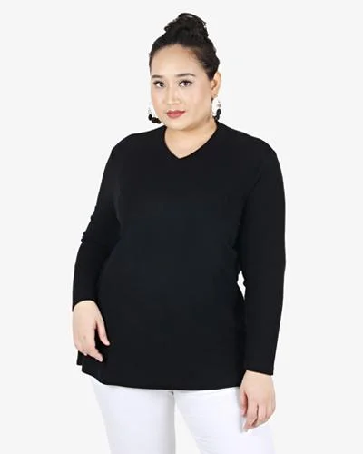 Veronica Premium Ribbed V-Neck Long Sleeves Tee - Black