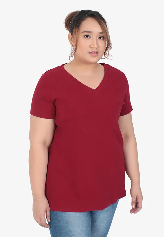 Vicki Premium Ribbed V-Neck Short Sleeves Tee - Red