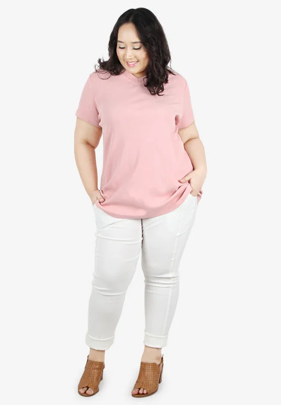 Vicki V-Neck Short Sleeves Ribbed Top - Pink