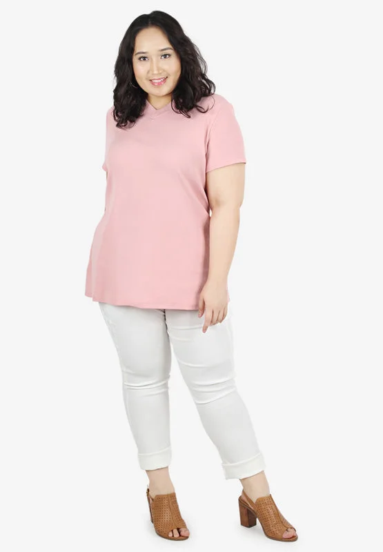 Vicki V-Neck Short Sleeves Ribbed Top - Pink