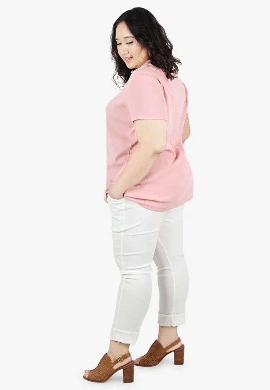 Vicki V-Neck Short Sleeves Ribbed Top - Pink