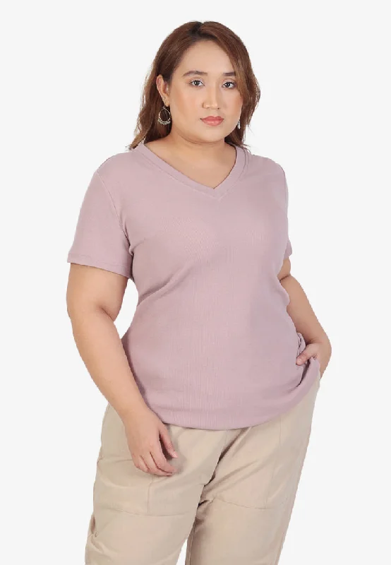 Vicki Premium Ribbed V-Neck Short Sleeves Tee - Lilac Pink