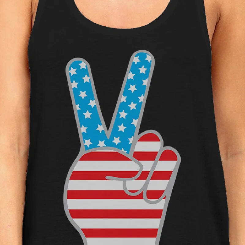 American Flag Cute Peace Sign 4th Of July Women Black Tank Top