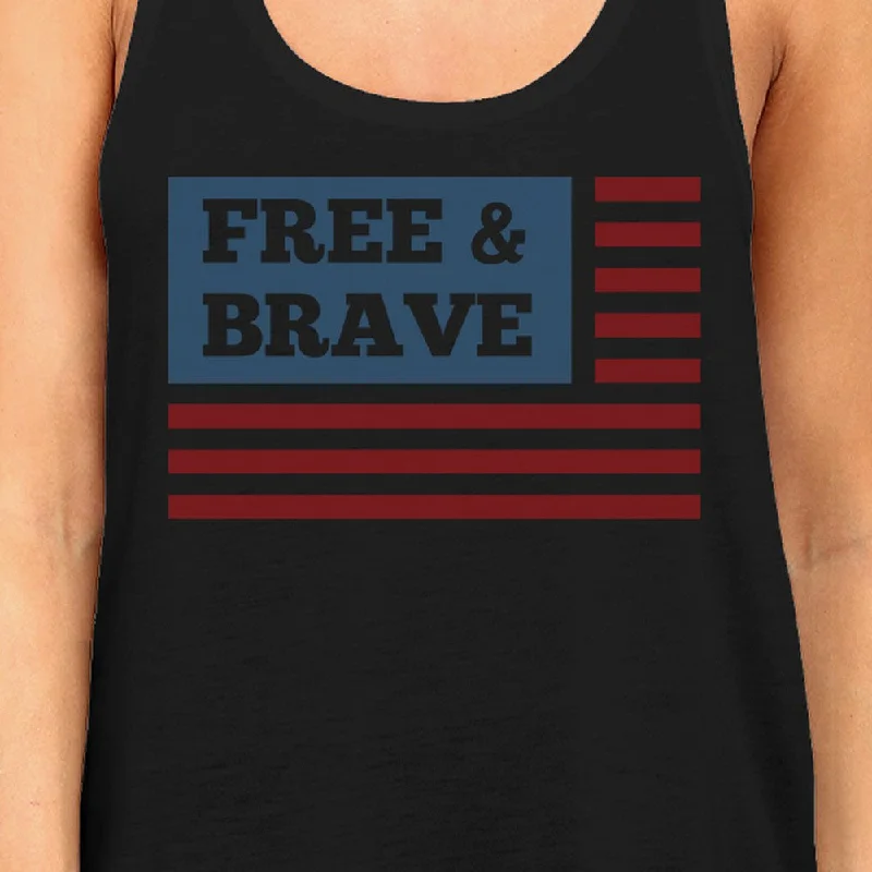 Free & Brave Us Flag Womens Black Funny Graphic Tanks Crewneck Line