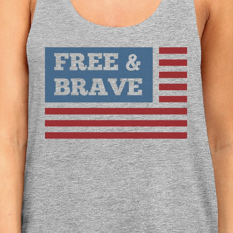 Free & Brave Us Flag Womens Grey Funny Graphic Tanks Crewneck Line