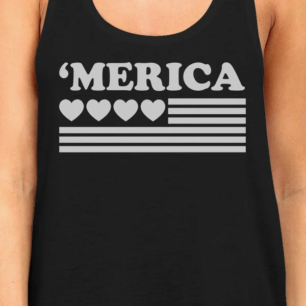 'Merica Women Black Cotton Tank Top Unique American Flag With Heart