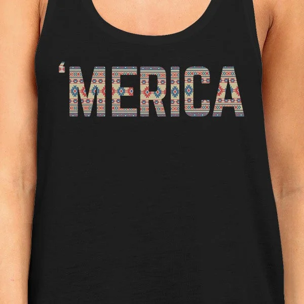 'Merica Women Black Sleeveless Tee America Tribal Pattern Lettering