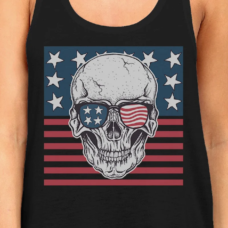 Skull American Flag Womens Black Tank Top Crewneck Line Cotton Tee