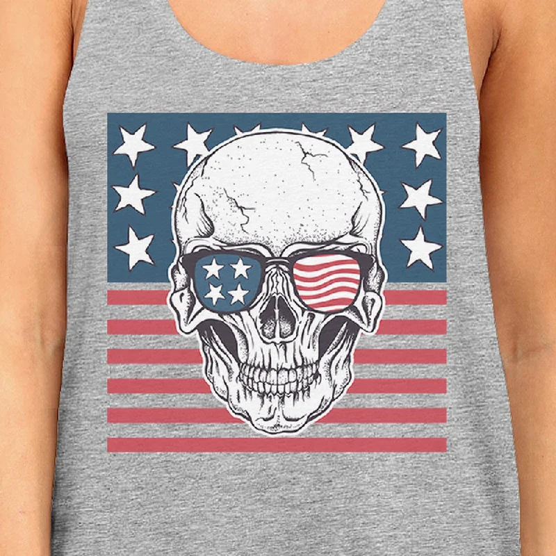 Skull American Flag Womens Grey Tank Top Crewneck Line Cotton Tee