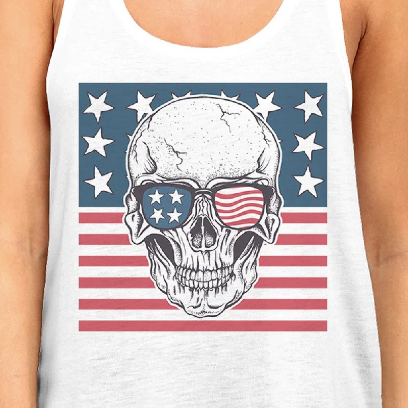 Skull American Flag Womens White Tank Top Crewneck Line Cotton Tee