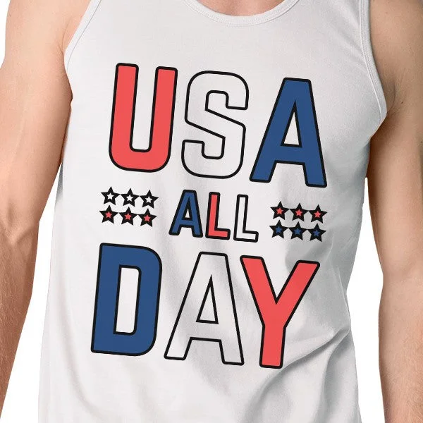 USA All Day Mens White Cotton Tank Top Cute 4th Of July Design Tank