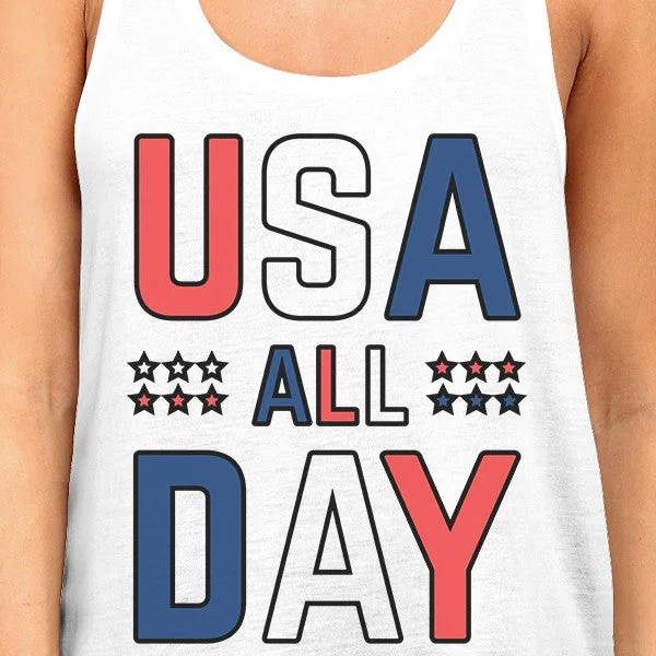 USA All Day Women White Cotton Tank Top Cute 4th Of July Design