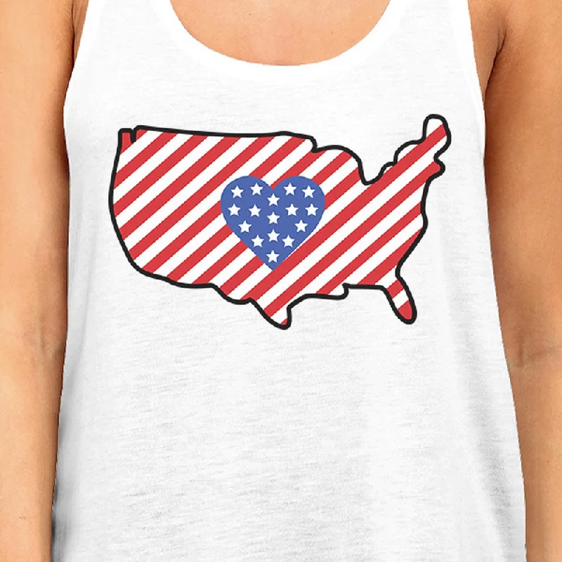 USA Map Cute American Flag With Heart Womens White Sleeveless Tee