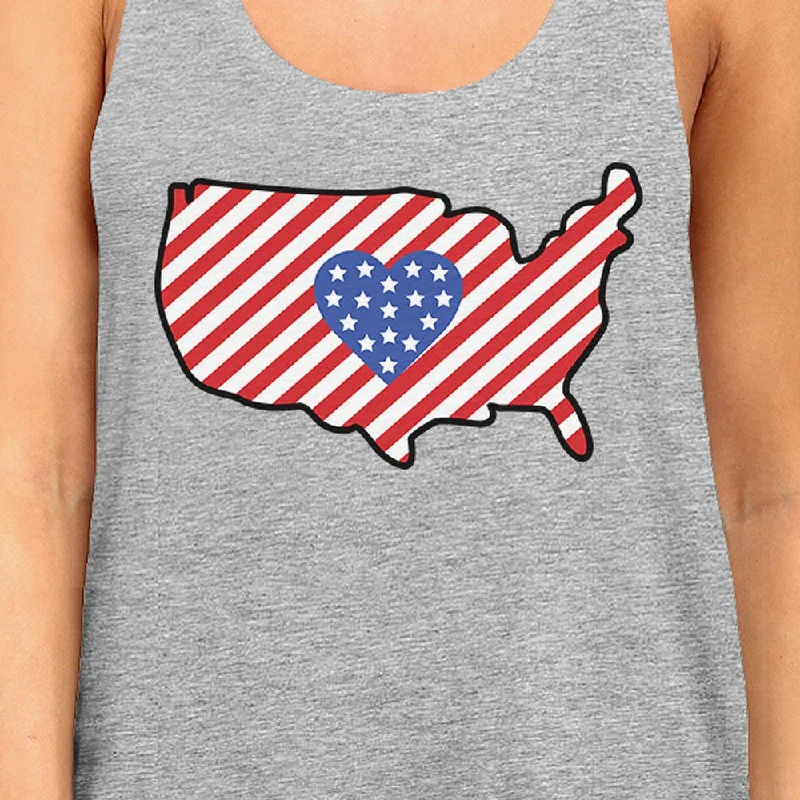 USA Map Cute Heart America Flag Womens Grey Racerback Tank Top