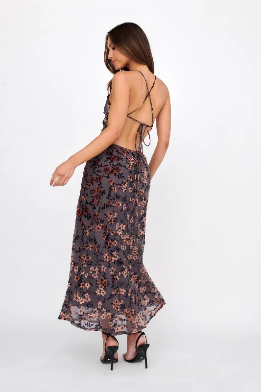 Alexandria Open Back Velour Floral Midi Dress Black/Orange