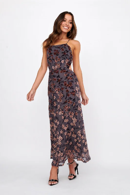 Alexandria Open Back Velour Floral Midi Dress Black/Orange