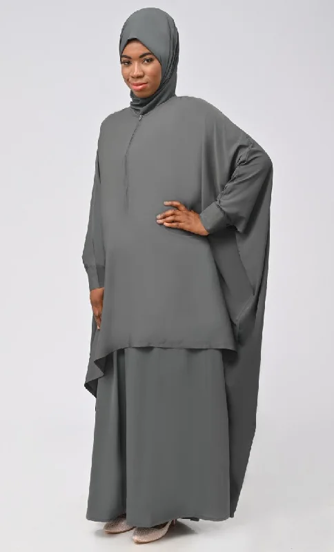 Asr Modest Grey Double Layer Prayer Dress For Women (2Pcset +Hijab )