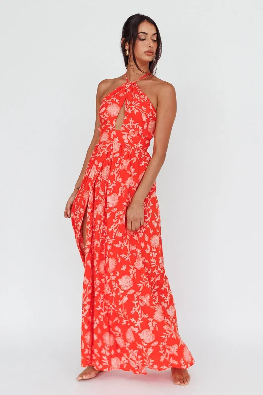 Athena High Split Maxi Dress Floral Print Red