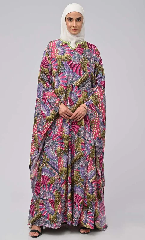 Beautiful Beads Embroidered Printed Kaftan Abaya For Women With Crepe Inner