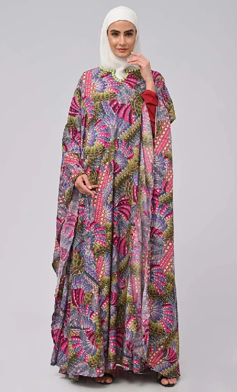 Beautiful Beads Embroidered Printed Kaftan Abaya For Women With Crepe Inner