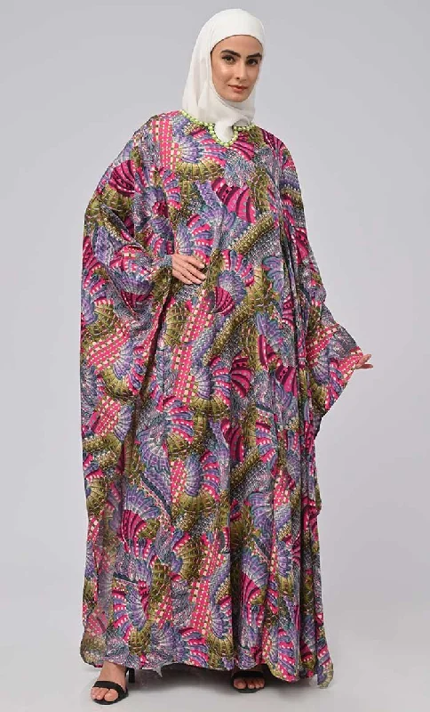 Beautiful Beads Embroidered Printed Kaftan Abaya For Women With Crepe Inner