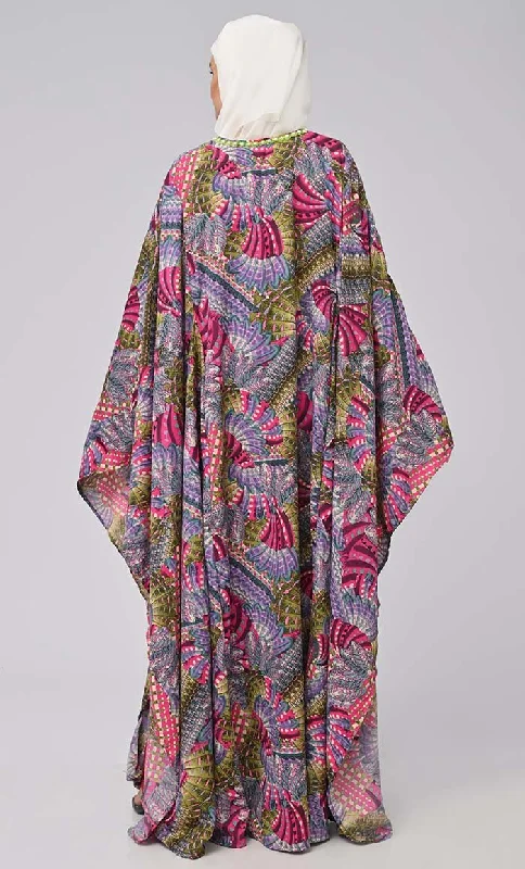 Beautiful Beads Embroidered Printed Kaftan Abaya For Women With Crepe Inner