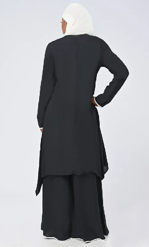 Black Embroidered Set With Hijab And Pockets