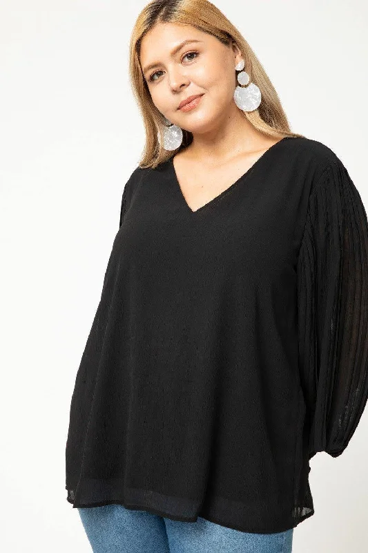 Black Pleated V-Neck Top