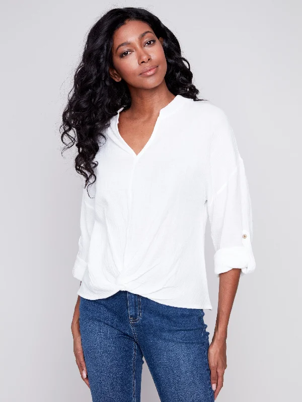 Bubble Cotton Blouse with Front Twist - White