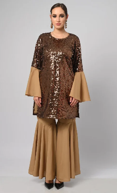 Cinnamon Sequins Designer Flared Palazzo Kurta Set With Duppata