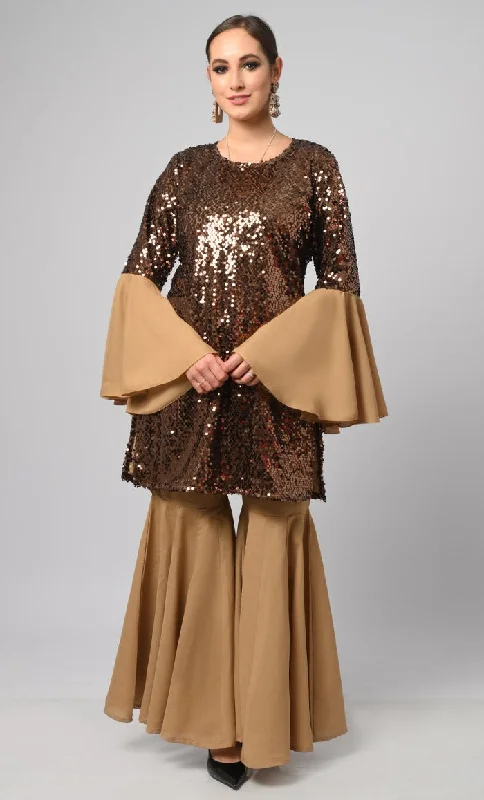 Cinnamon Sequins Designer Flared Palazzo Kurta Set With Duppata