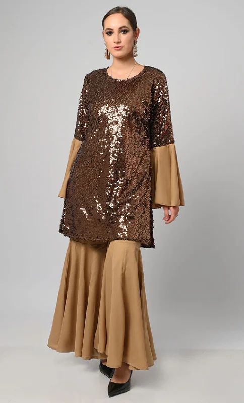 Cinnamon Sequins Designer Flared Palazzo Kurta Set With Duppata