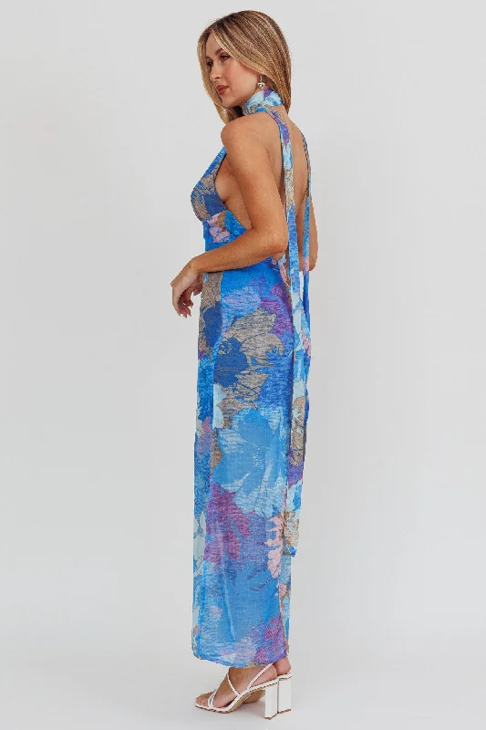 Cipriana Backless Halter Maxi Dress Floral Blue