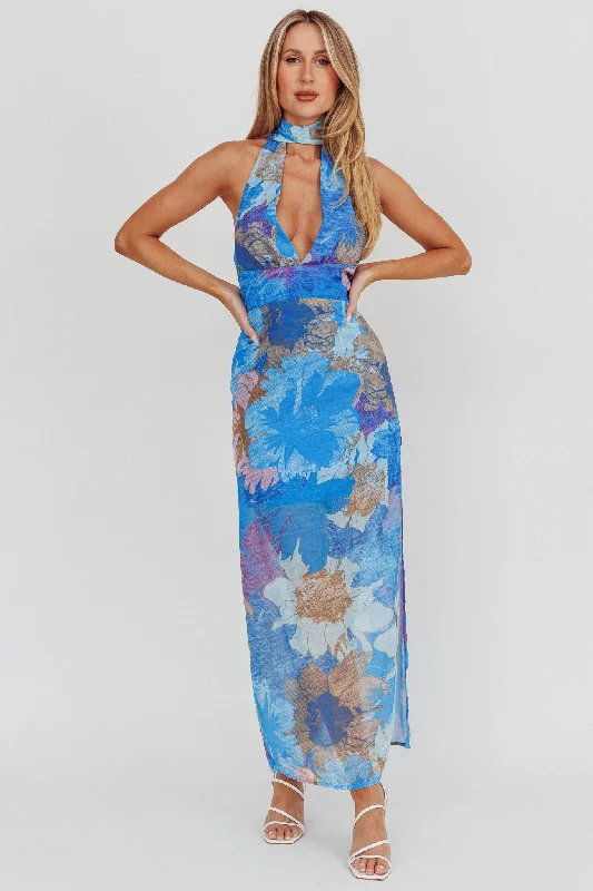 Cipriana Backless Halter Maxi Dress Floral Blue