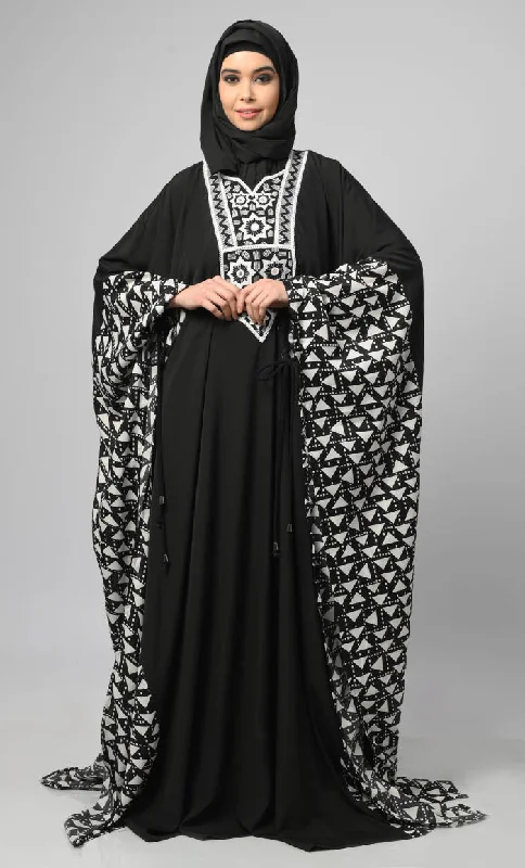 Egyptian Black & White Stripe Print Side Panel Kaftan Style Long Abaya