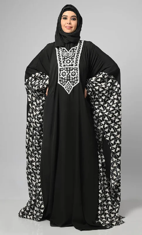 Egyptian Black & White Stripe Print Side Panel Kaftan Style Long Abaya